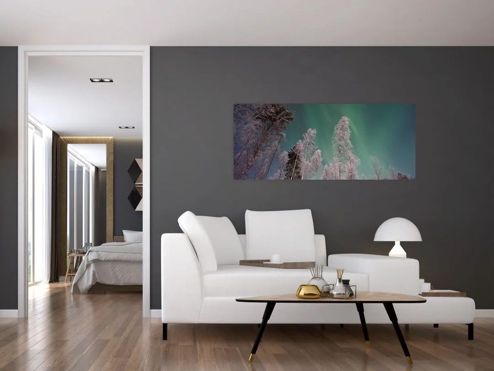 Tablou cu aurora borealis deasupra pomilor înghețați (120x50 cm)