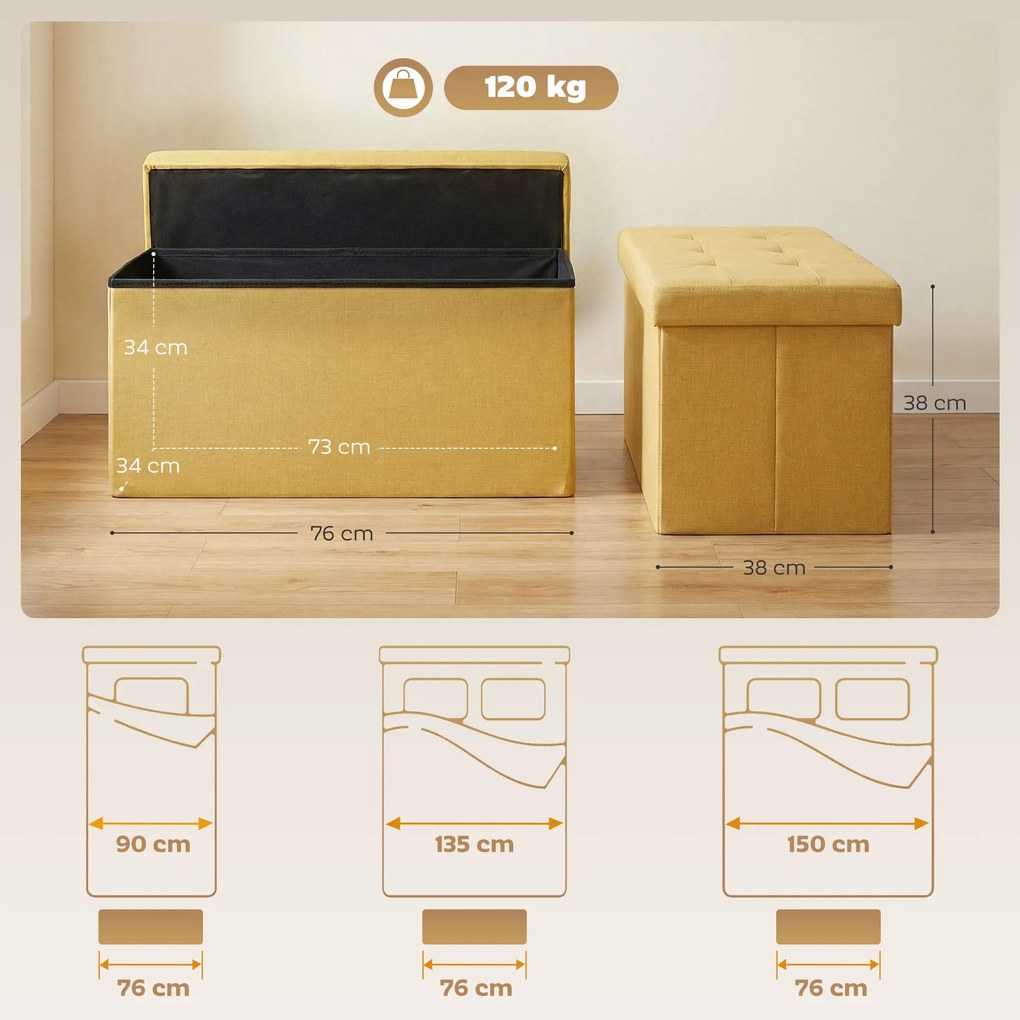 HOMCOM Puf depozitare, Bancă pliabilă de depozitare 84 L 76x38x38 cm Tapițerie din in sintetic Galben | Aosom Romania