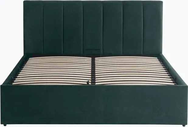 Pat tapitat Frisco, 160x200 cm, somiera rabatabila, spatiu depozitare, verde inchis