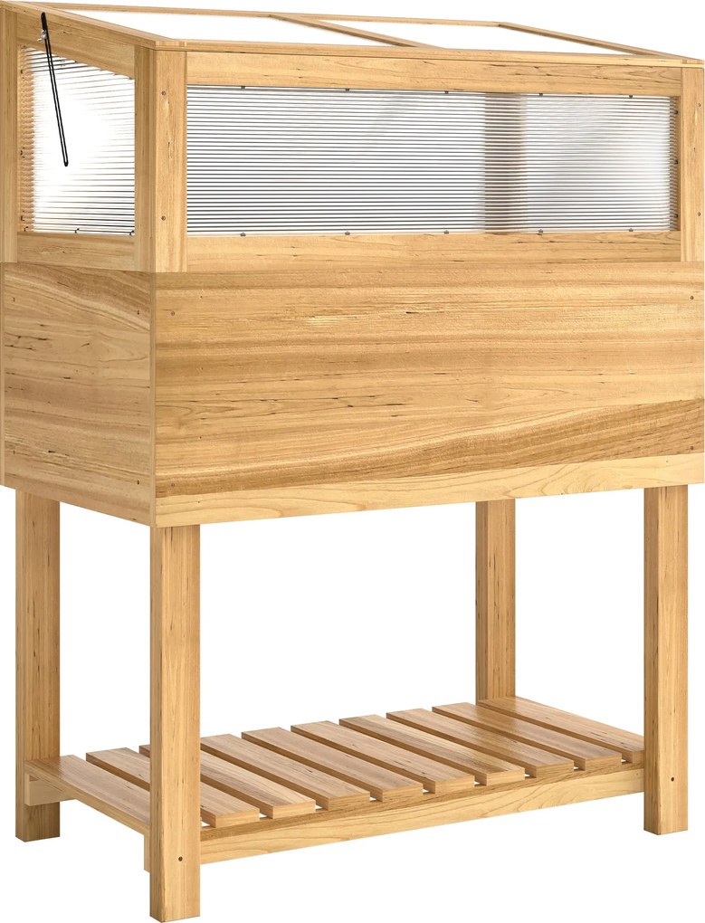 Outsunny Jardinieră înaltă cu seră din lemn, ladă de plantare ridicată cu capac rabatabil, raft, material nețesut, ergonomic | Aosom Romania