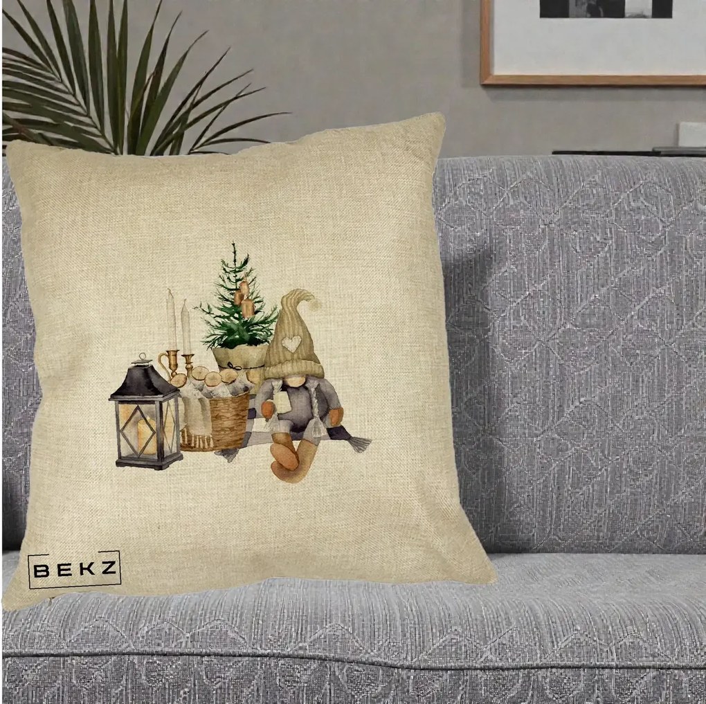 Perna Decorativa Gnom Scandinav cu Felinar, 40x40 cm, Crem, Husa Detasabila, Perna Inclusa, BEKZ®