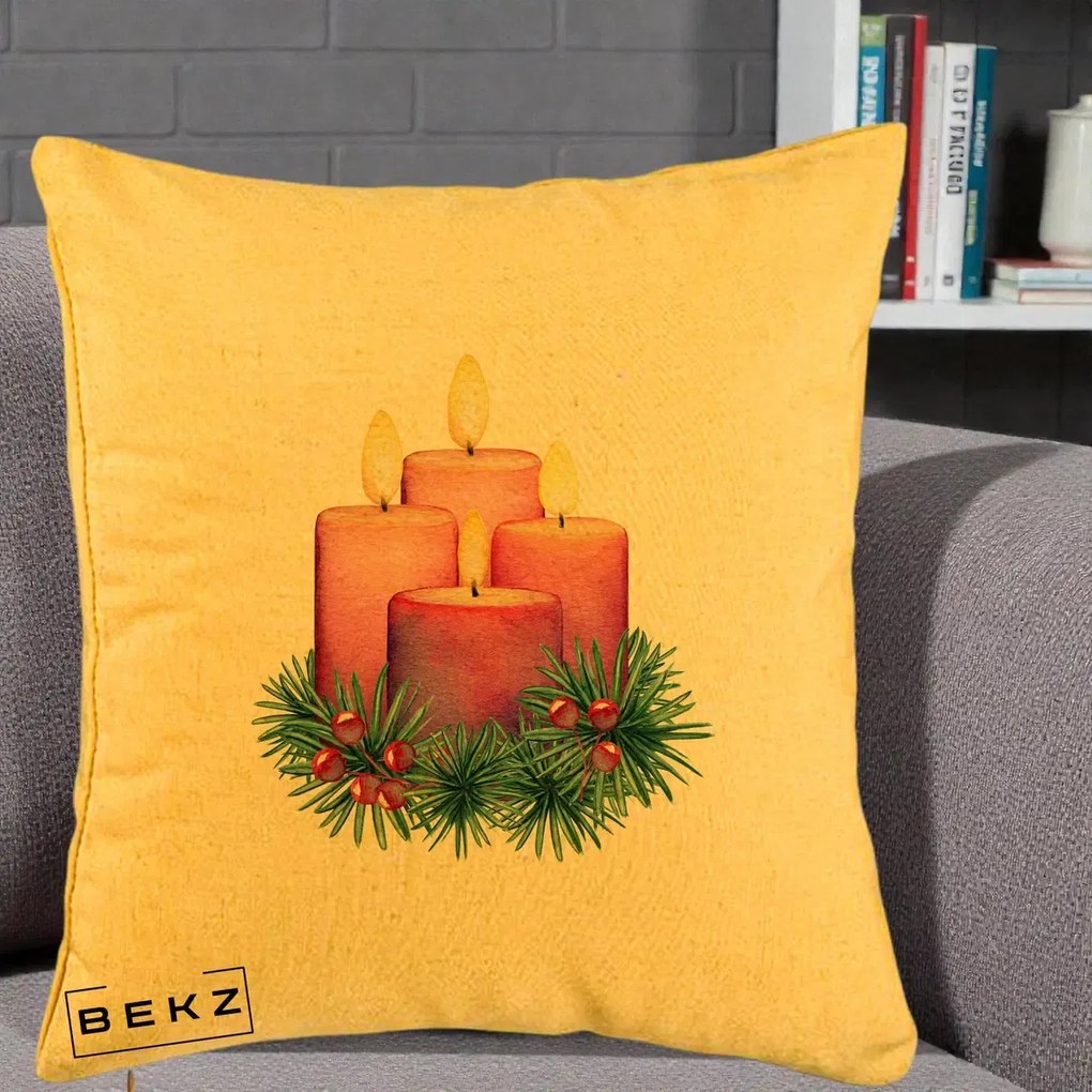 Perna Decorativa Lumanari Advent Roz-Violet, 40x40 cm, Galben, Husa Detasabila, Perna Inclusa, BEKZ®