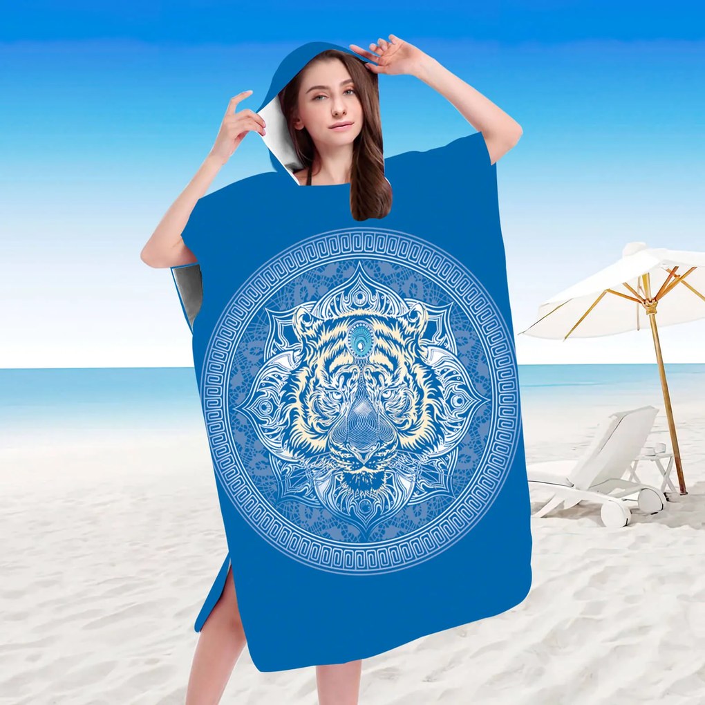 Set de plaja TIGER – prosop 100×180 cm si poncho 80×145 cm, albastru