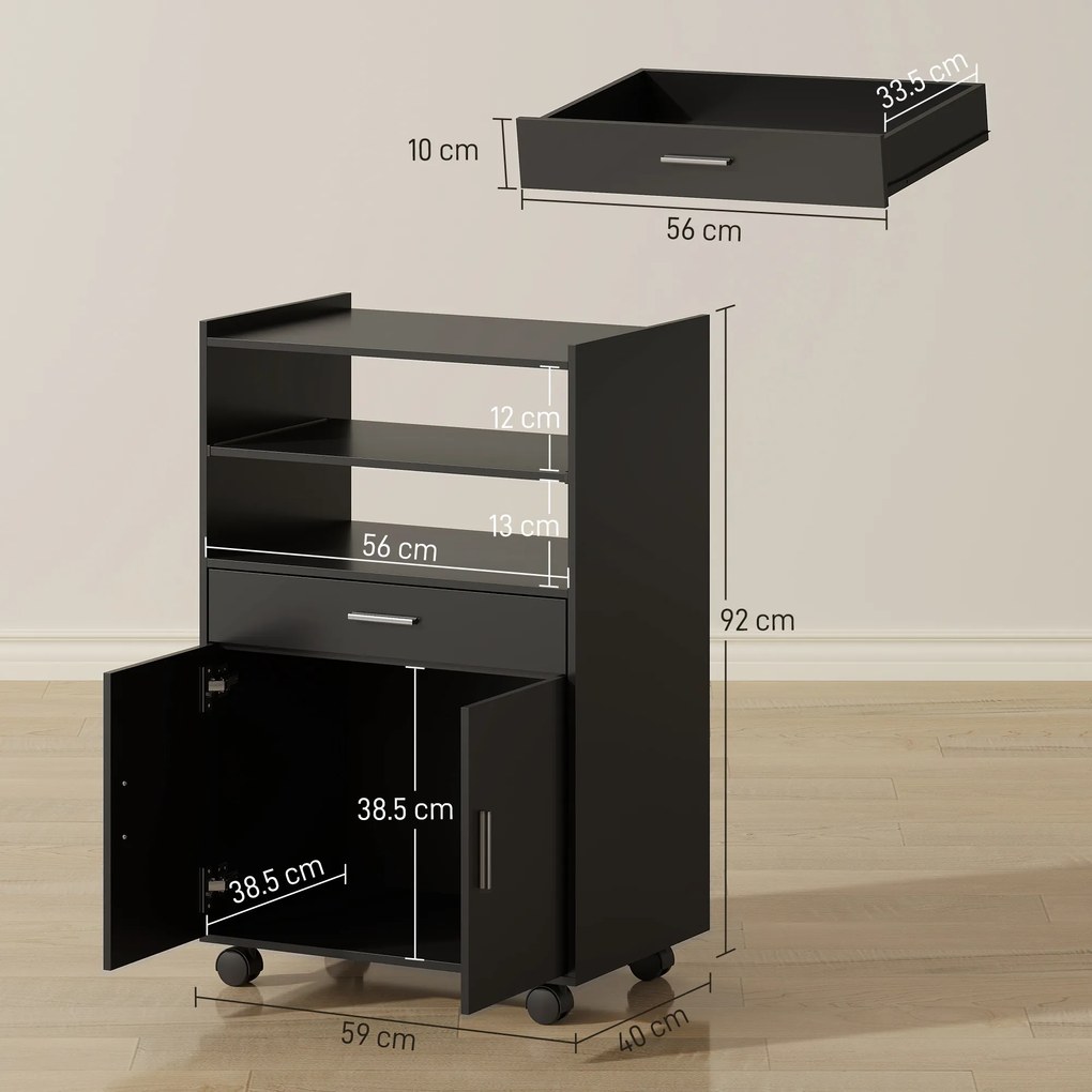 HOMCOM Dulap pentru Cuptorul cu Microunde cu Roți, Bufet de Bucătărie cu Sertar, Blat pentru Aparate, Dulap cu 2 Uși, Raft Retractabil și Raft Deschis, Cărucior de Bucătărie pentru Sufragerie, 59x40x92cm, Negru | Aosom Romania