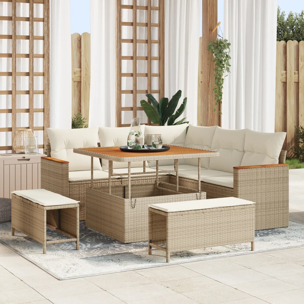 Set de Sofa de Grădină cu 8 Piese cu Pernă Bej din Ratan Polimer și Acacia
