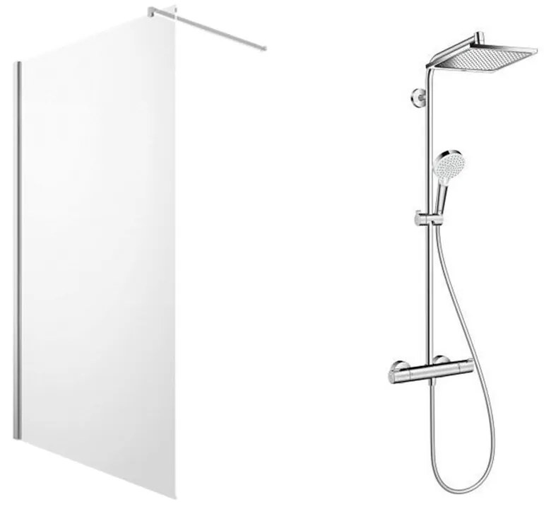 Pachet paravan dus Walk-In Omnires Marina crom 100x200 cm si coloana de dus Hansgrohe crometta crom