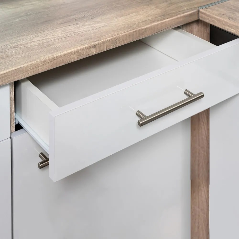 Mobilă de bucătărie de colț Yorki 220, corp din stejar Sonoma, cu față alb satinat