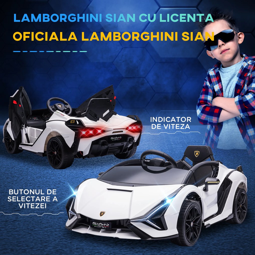 HOMCOM Mașină Electrică pentru Copii 3-5ani, Mașinuță Electrică Lamborghini cu Faruri, Muzică și Telecomandă, 108x62x40cm, Alb | Aosom Romania