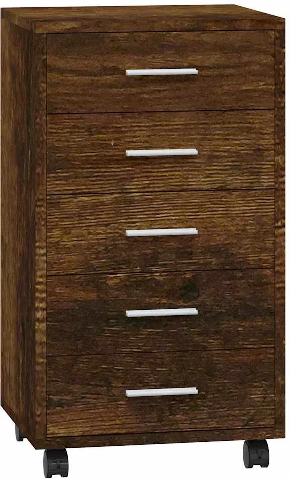 vidaXL Dulap cu sertare și roți, stejar fumuriu, lemn prelucrat