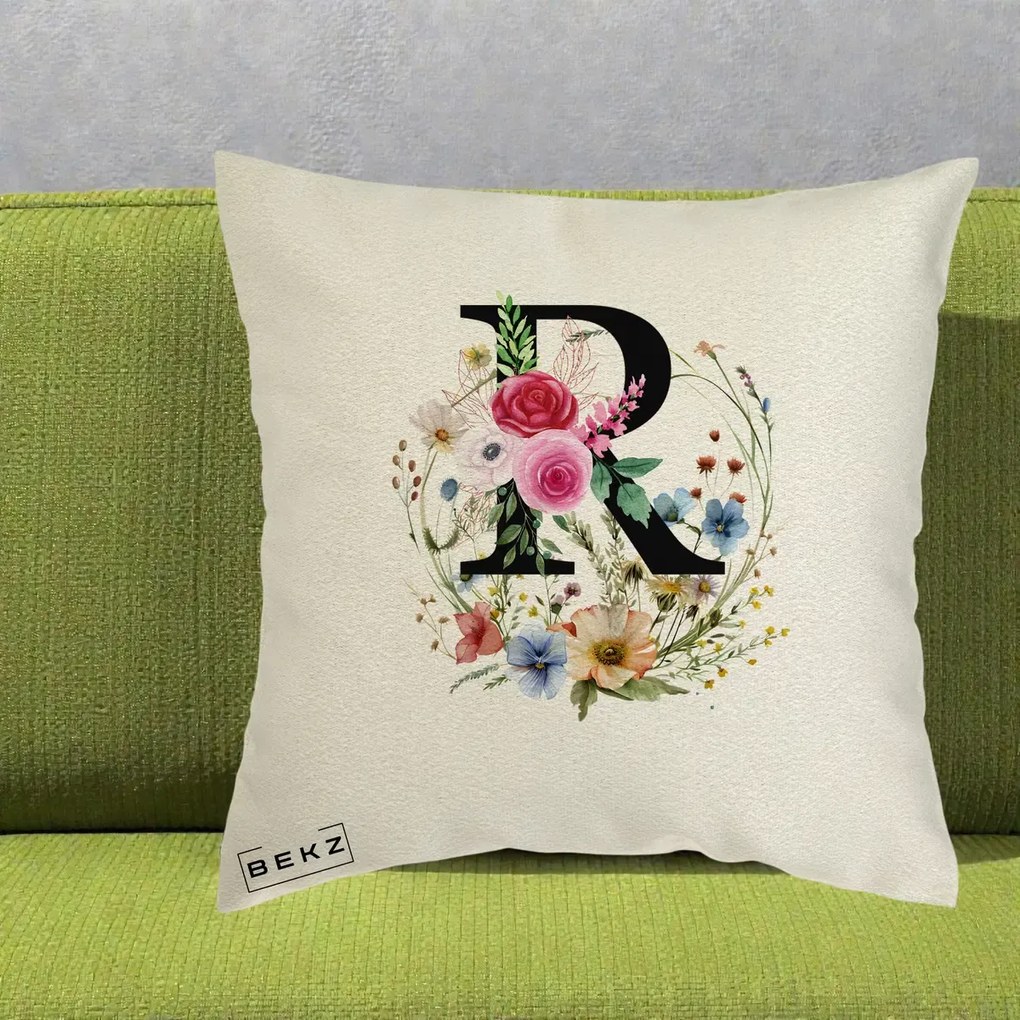 Cadou Personalizat - Perna Personalizata Monogram Litera R cu Flori Acuarela, 40x40 cm, Ecru, Husa Detasabila, Perna Inclusa, BEKZ®