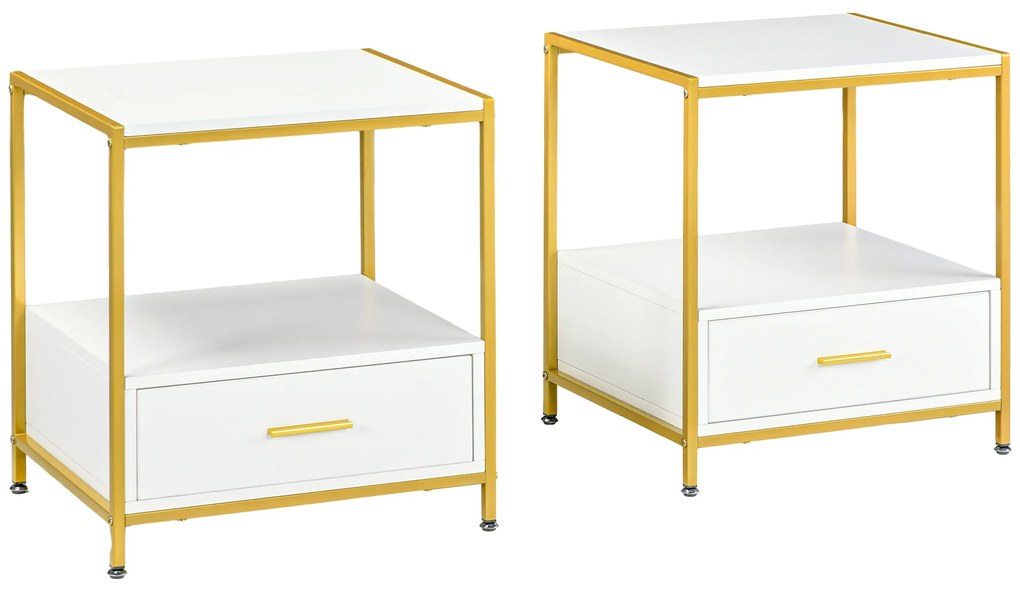 Set de 2 Masute Noptiere Moderne, Noptiere cu Sertar si Raft, Organizatoare de Depozitare, Alb si Auriu 50x40x55cm HOMCOM | Aosom Romania