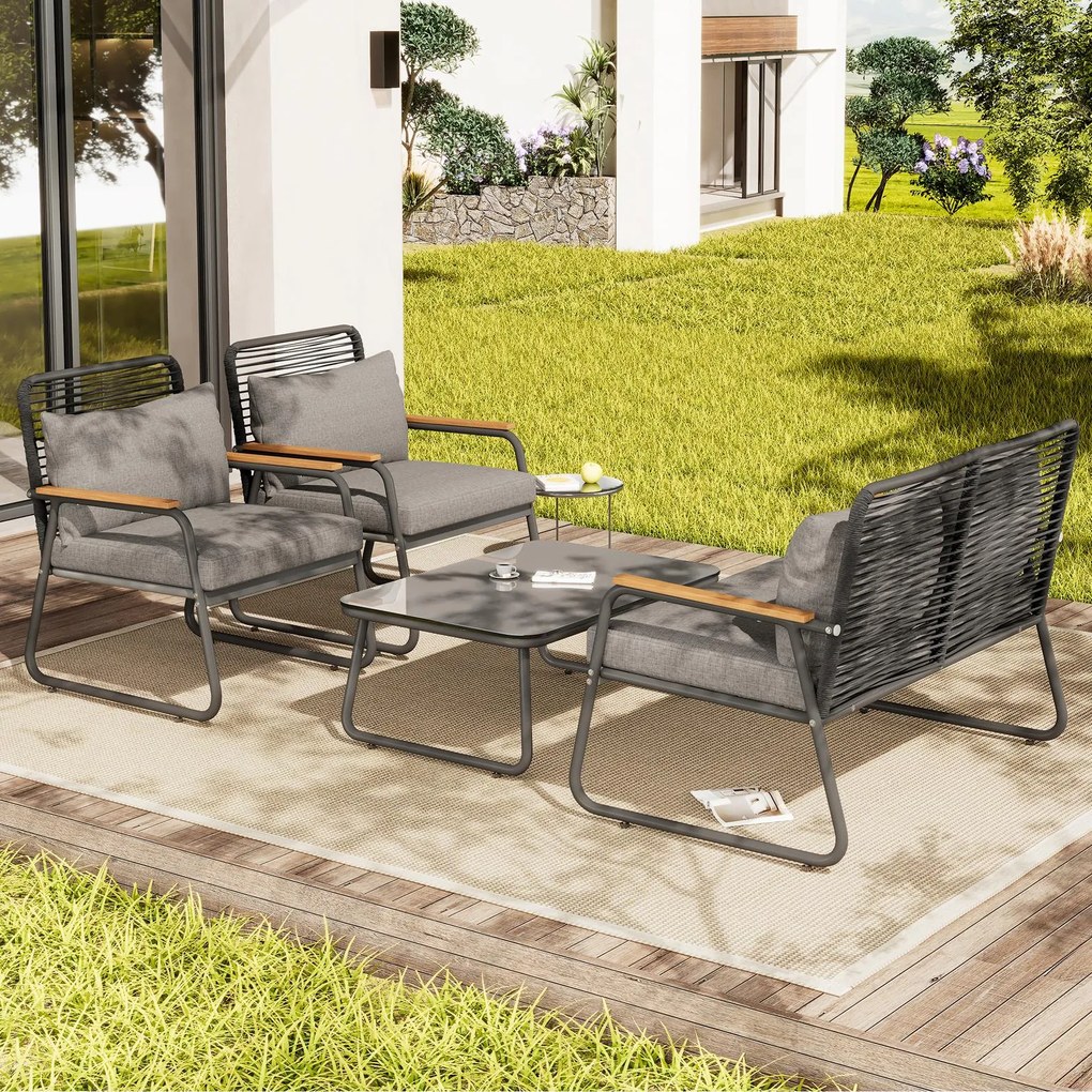 Set de lounge pentru grădină pentru 4 persoane, cu canapea dublă, 2 canapele individuale și 1 măsuță de cafea, Gri