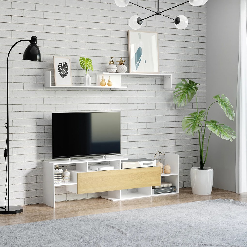 HOMCOM Dulap TV cu Raft de Perete, Rafturi Deschise și Dulăpior din Lemn, Mobilier TV Modern, 153,6x25x42 cm, Alb | Aosom Romania
