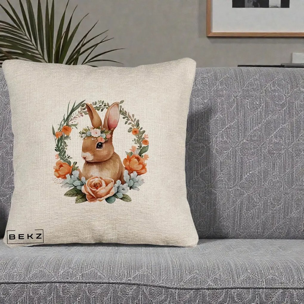 Perna Decorativa Iepuras Floral Coronita Acuarela, 40x40 cm, Bej Canapea, Husa Detasabila, Perna Inclusa, BEKZ®