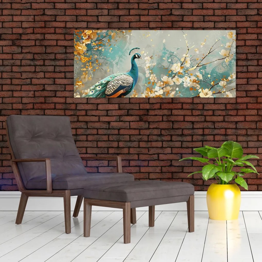 Tablou - Păun cu decor de aur (120x50 cm)