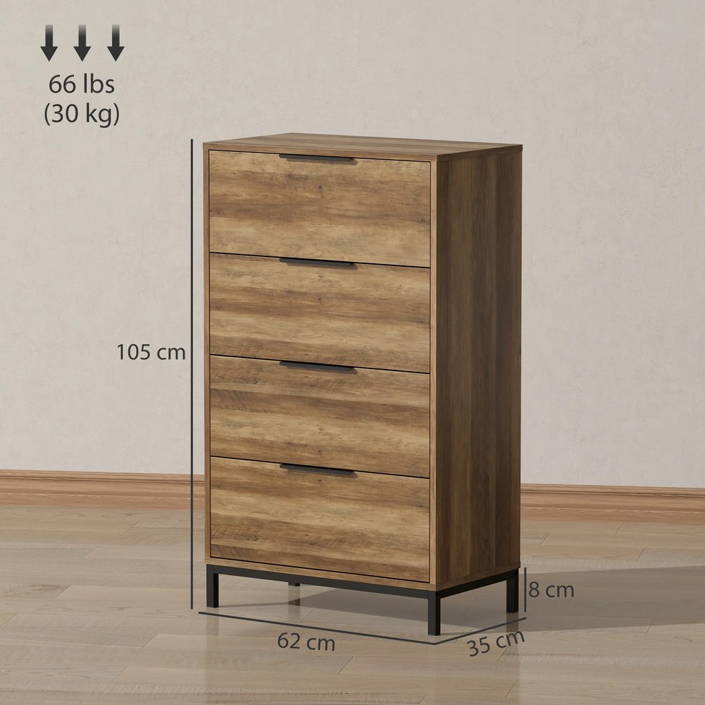 HOMCOM Comodă 4 Sertare din PAL și Metal 62x35x105 cm Maro Deschis | Aosom Romania