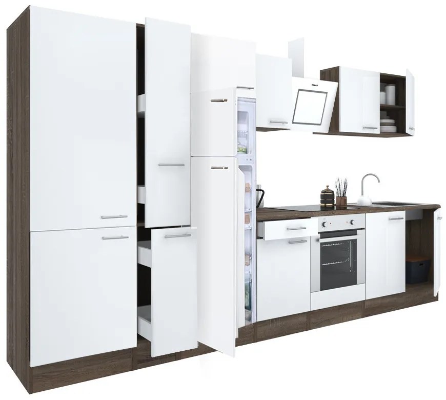 Mobilă de bucătărie Yorki 360, corp din stejar Yorki, față alb satinat cu element cuptor inferior, dulap cu rafturi și frigider cu congelator superior.