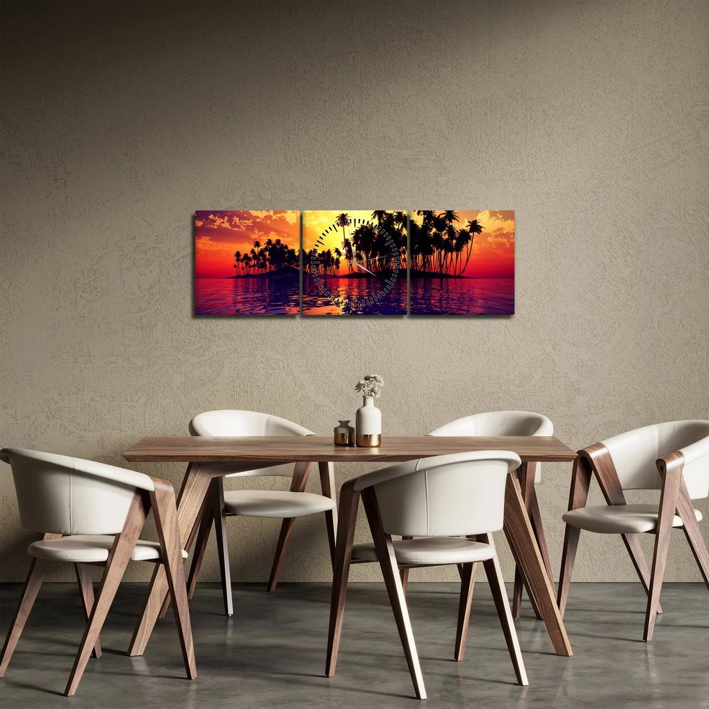 Tablou insulă în apus de soare (cu ceas) (90x30 cm)