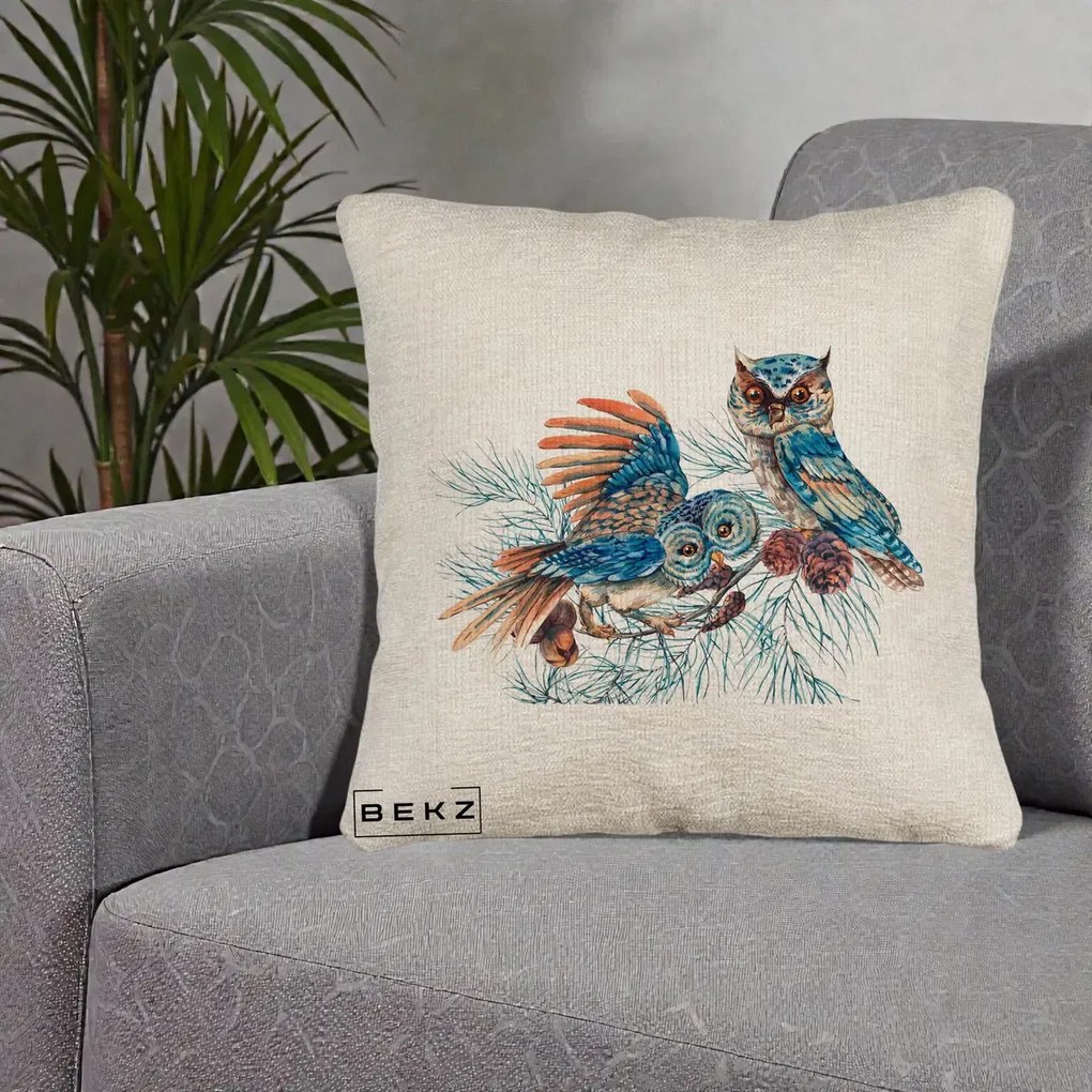 Perna Decorativa Bufnite de Iarna Albastre, 40x40 cm, Bej Canapea, Husa Detasabila, Perna Inclusa, BEKZ®
