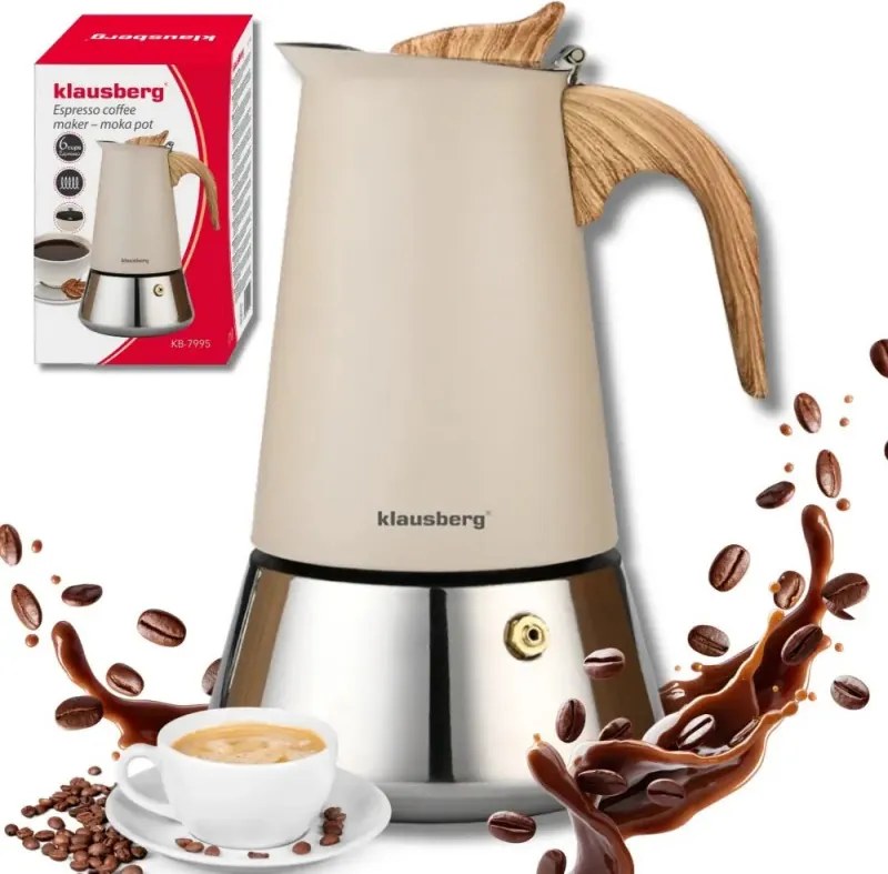 Aparat electric de cafea espresso cubanez Klausberg KB 7997, 600 ml, 12 cesti, Supapa de siguranta, Otel, Inductie, Bej