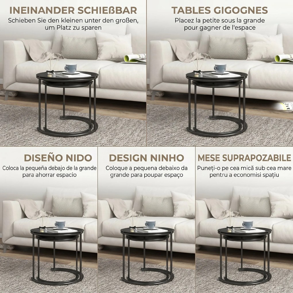 HOMCOM Set 2 Măsuțe de Cafea Suprapozabile, Măsuțe Joase Rotunde cu Tavă Detașabilă din Oțel, Ø 43x38 cm,  Negru | Aosom Romania