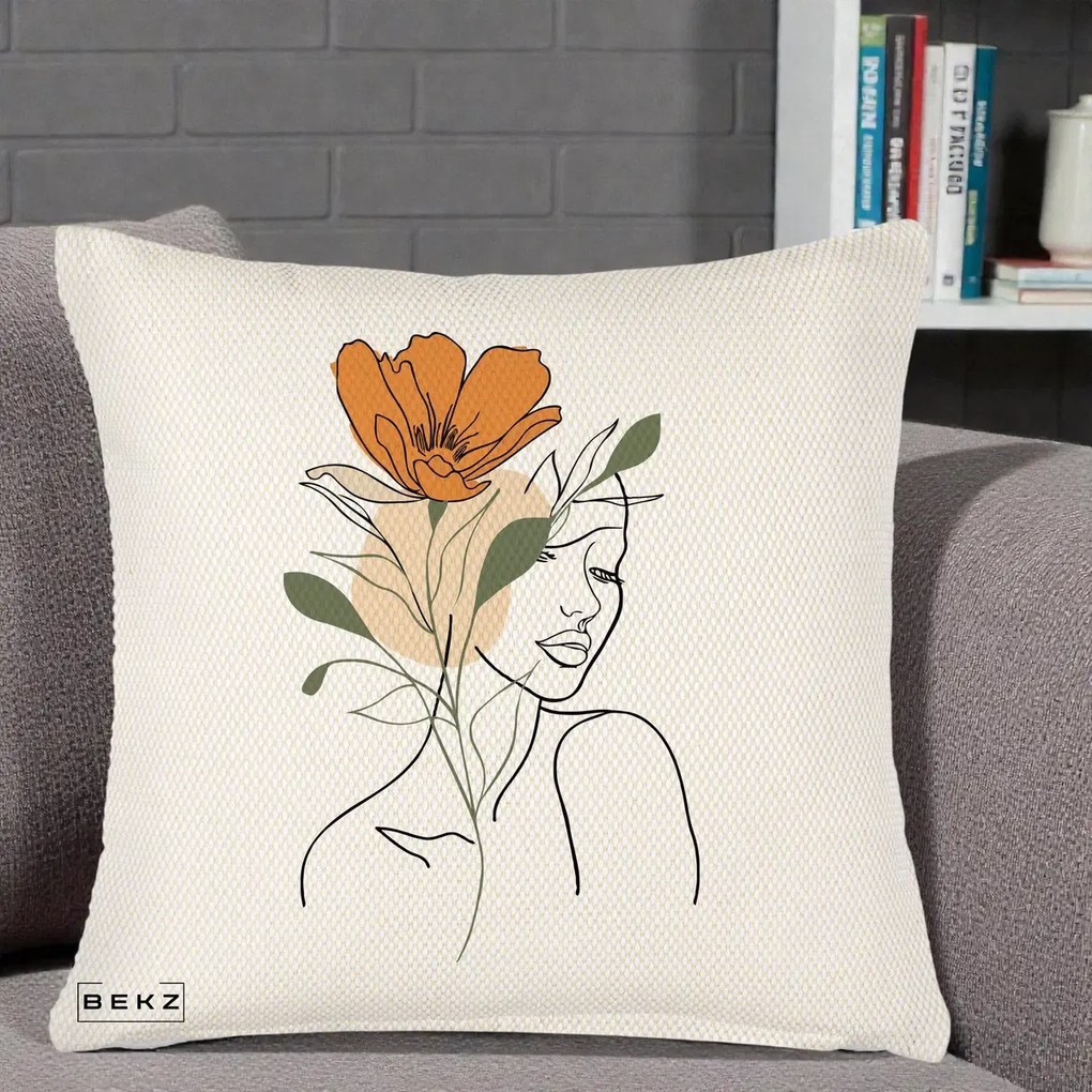 Perna Decorativa Portret Feminin Floare Portocalie, 40x40 cm, Crem Reliefat, Husa Detasabila, Perna Inclusa, BEKZ®