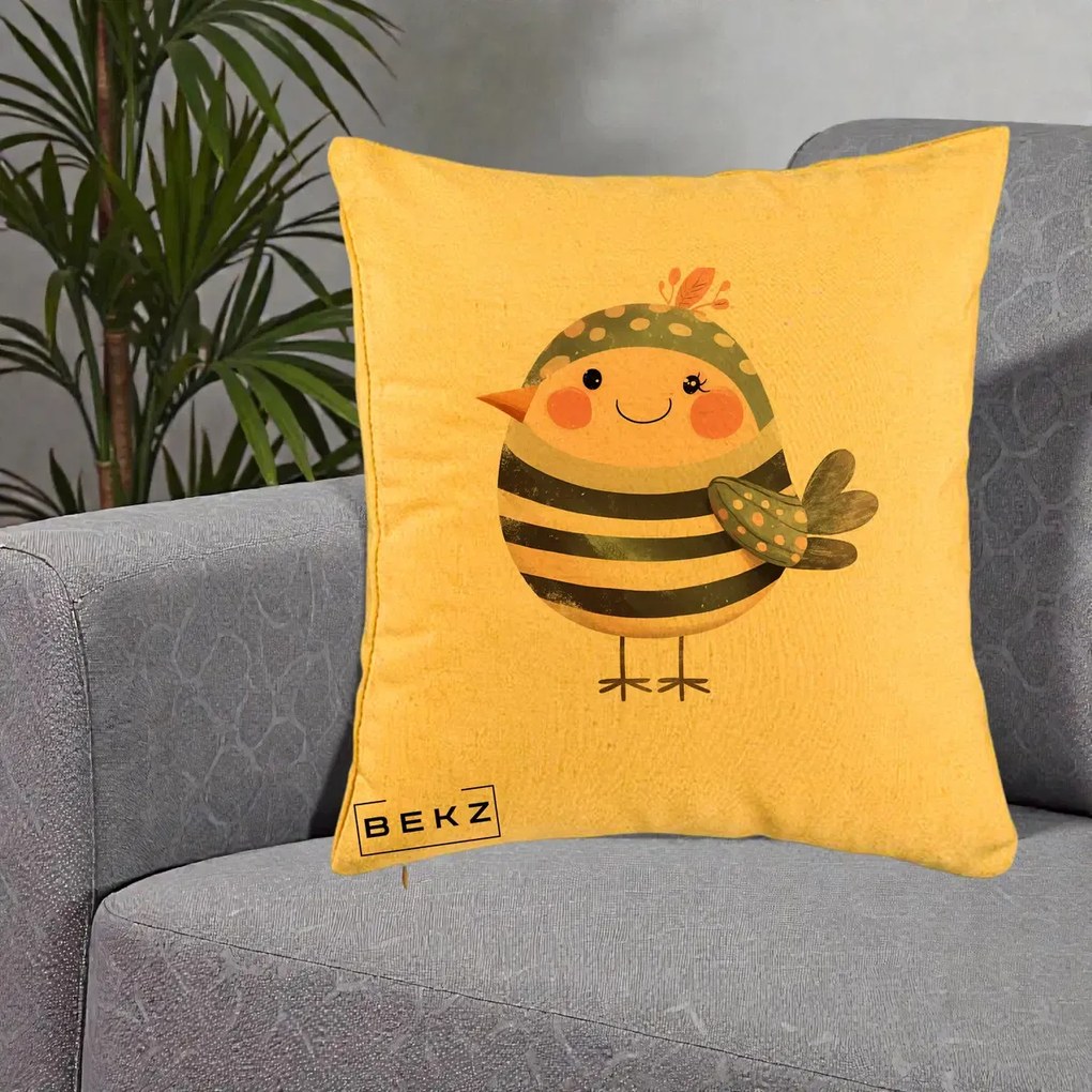 Perna Decorativa Pui Kawaii Teal cu Flori, 40x40 cm, Galben, Husa Detasabila, Perna Inclusa, BEKZ®