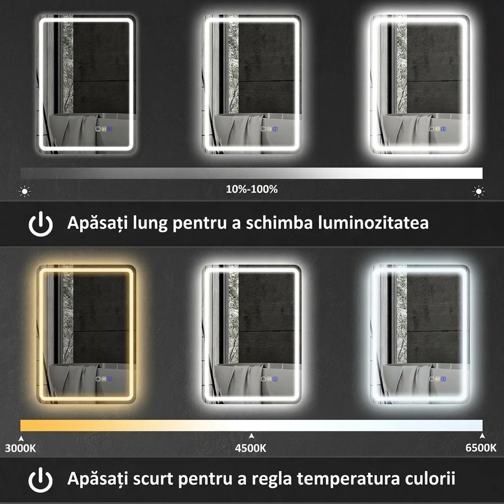 HOMCOM Oglindă de Baie Bluetooth LED 50 x 70 cm cu Anticeață - Argintiu | Aosom Romania