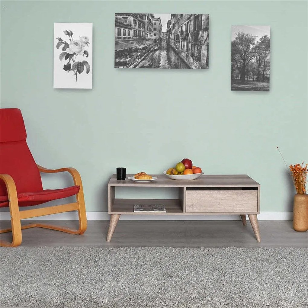 Masuta Cafea cu sertar Adore Living, Alb - Lemn Natural, 110 x 42 x 65 Cm