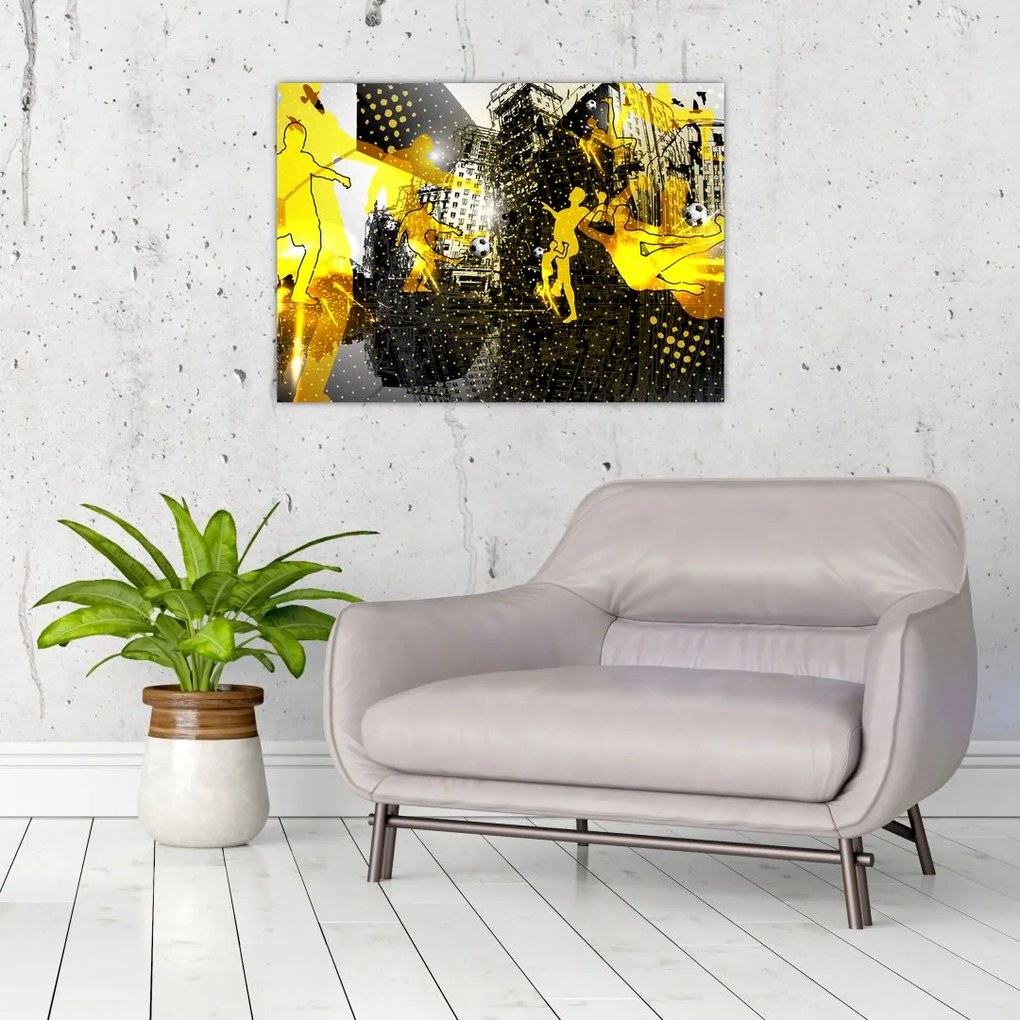 Tablou pe sticlă - Fotbal în marele oraș (70x50 cm)