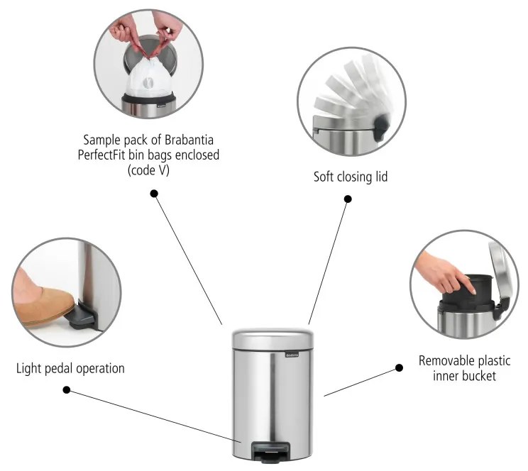 Cos de gunoi cu pedala Brabantia NewIcon 649003, 3 L, Inchidere usoara, Baza antiderapanta, Rezistent la amprente, Inox Mat