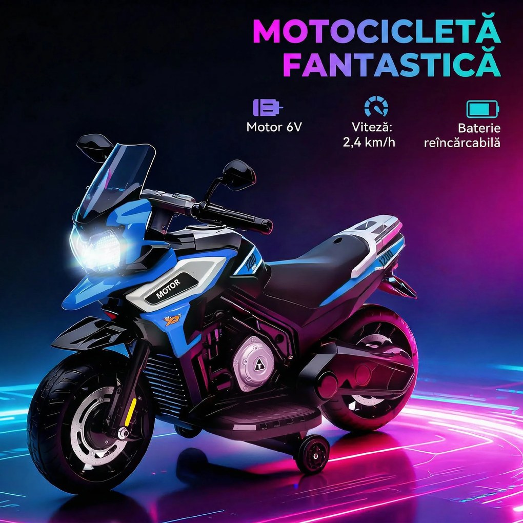 AIYAPLAY Motocicletă Electrică pentru Copii 18-36 Luni, 6V Motocicletă Electrică pentru Copii cu Roți Detașabile, Faruri, Muzică, 2.4 km/h Mini Motocicletă cu Far, Max 30kg, Albastru | Aosom Romania