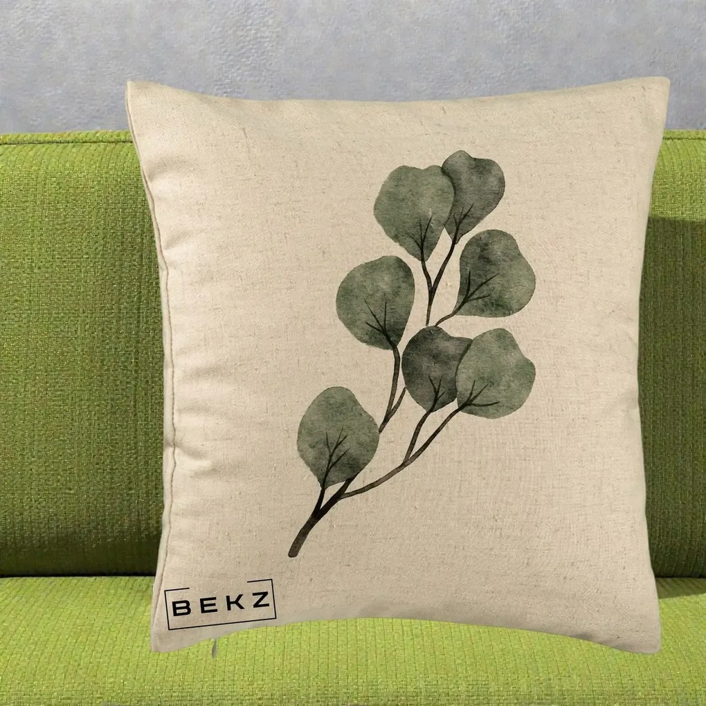 Perna Decorativa Ramura Eucalipt Acuarela, 40x40 cm, Bej, Husa Detasabila, Perna Inclusa, BEKZ®