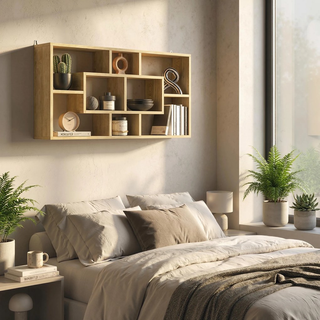 HOMCOM Etajeră de perete decorativă Raft pentru cărți, CD-uri cu 8 cuburi 85x14,5x47,5 cm Stejar | Aosom Romania