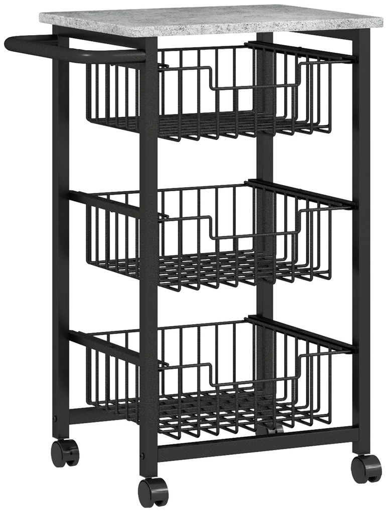 HOMCOM Cărucior de bucătărie cu 3 coșuri și mâner, din oțel și lemn, 49,5x31x69 cm, negru și gri deschis | Aosom Romania