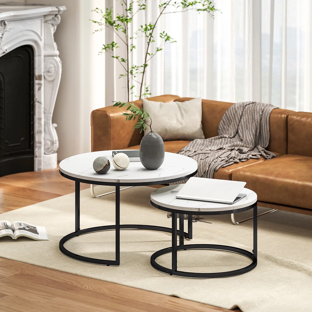 HOMCOM Set de 2 mese de cafea gigogne, stivuite, design industrial, picioare din metal, alb | Aosom Romania
