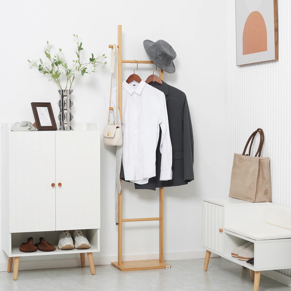 HOMCOM Cuier pe picior suport pentru haine, Vestiar din lemn cu 3 bare și 2 cârlige | Aosom Romania