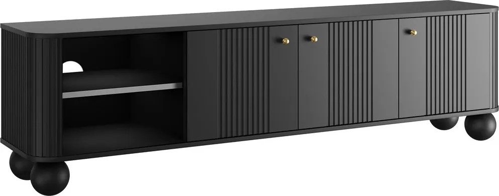 Comodă TV Vesper 187 cm cu 3 uși - negru / mânere aurii / picioare sferice
