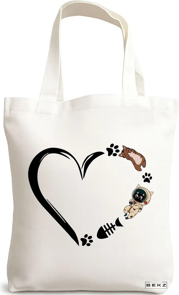 Sacosa de Panza pentru Cumparaturi, Geanta Tote, model Cat Love 1, 38 x 34.5 cm, Alba, BEKZ®