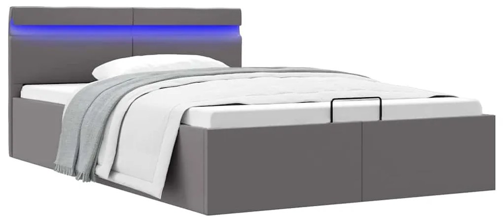 vidaXL Cadru pat hidraulic cu ladă LED gri 120x200 cm piele ecologică