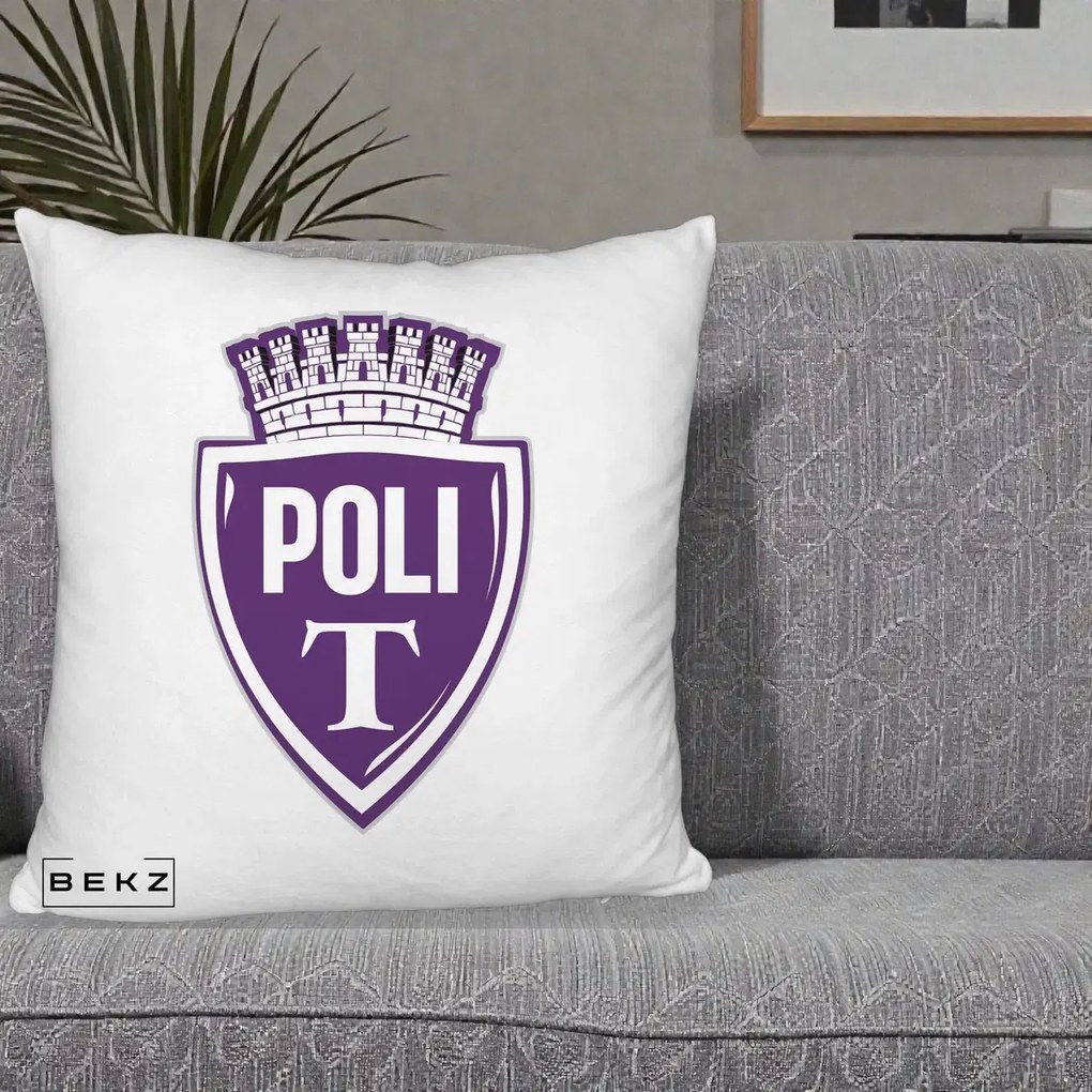 Perna Personalizata Poli Timisoara Fotbal, 40x40 cm, Alb Pufos, Husa Detasabila, Perna Inclusa, BEKZ®