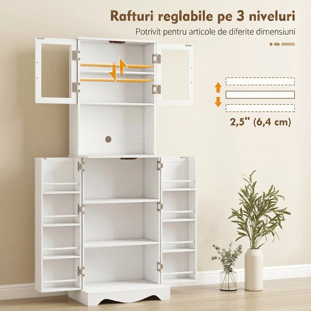 HOMCOM Mobilă de Depozitare pentru Bucătărie cu 2 Dulapuri și 8 Rafturi, din Lemn și Acrilic, 60x39.5x179.6 cm, Alb | Aosom Romania