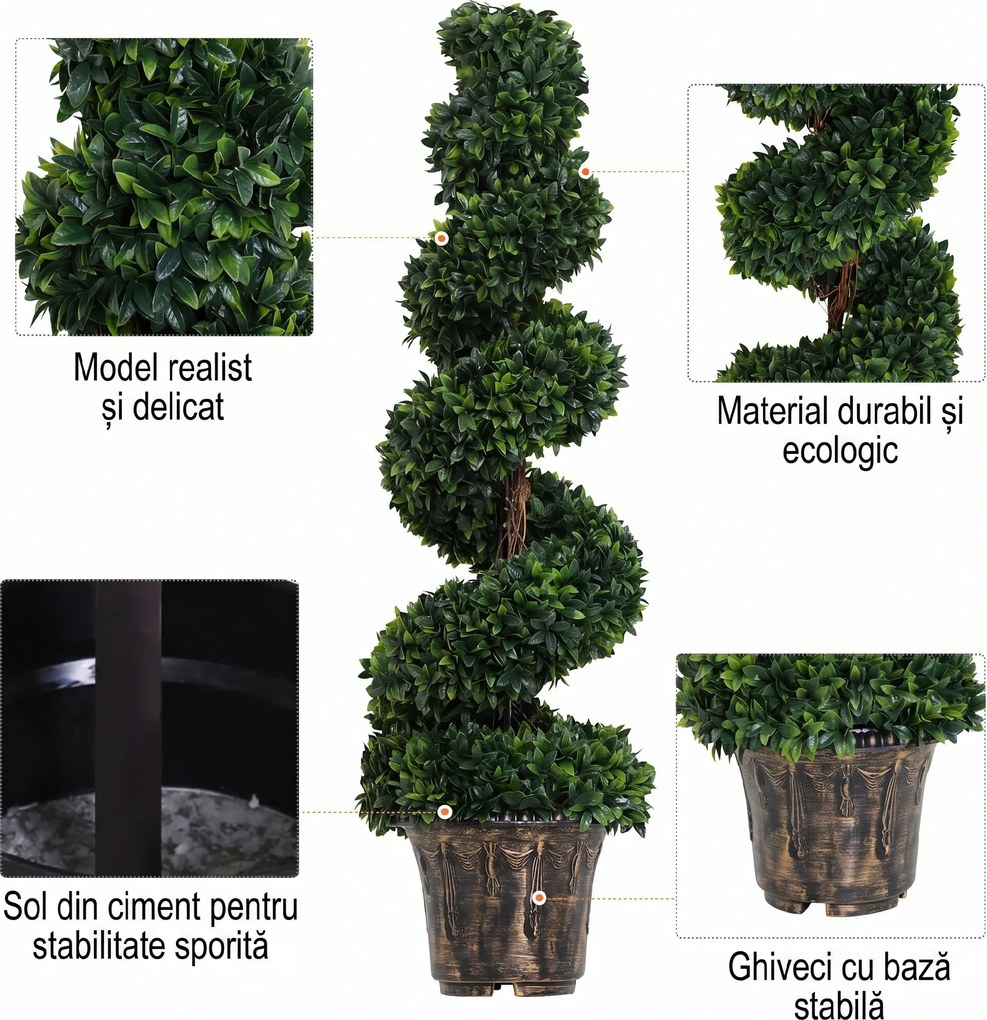 Outsunny Plantă Artificială Decorativă Buxus în Spirală cu Ghiveci Inclus, Ф32x120 cm, Verde | Aosom Romania