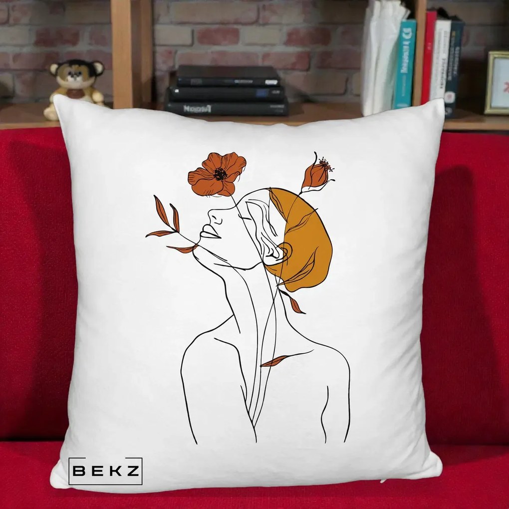 Perna Decorativa Portret Feminin Mac Privire Inalta, 40x40 cm, Alb Pufos, Husa Detasabila, Perna Inclusa, BEKZ®