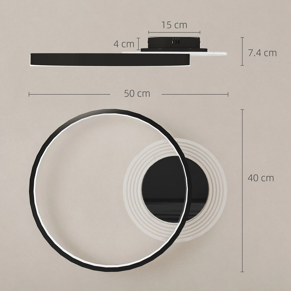 HOMCOM Lampă de tavan LED Modernă de 40W cu 2 Inele și Lumină Reglabilă, Negru | Aosom Romania