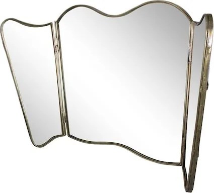 Oglindă pliabilă artizanală cu 3 panouri, ramă din metal în nuanță de alamă, finisaj antichizat, 90 x 50 cm, „Jonna”