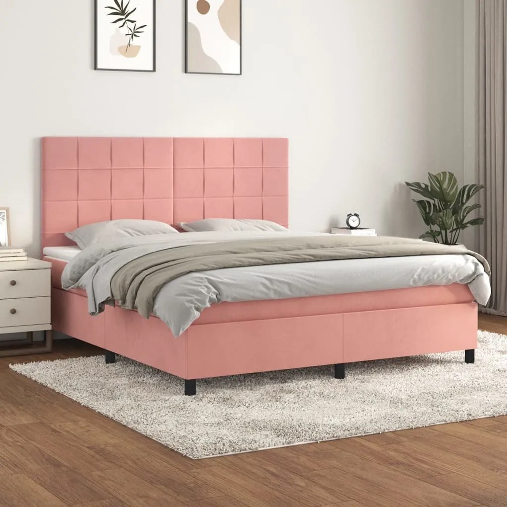 Pat box spring cu saltea, roz, 180x200 cm, catifea Roz, 180 x 200 cm, Cu blocuri patrate