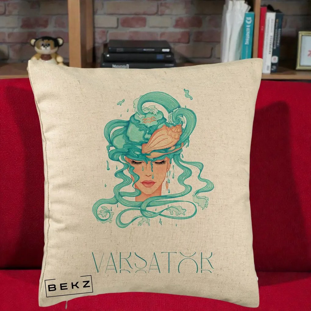 Perna Personalizata Zodiac Varsator Cowgirl, 40x40 cm, Bej, Husa Detasabila, Perna Inclusa, BEKZ®