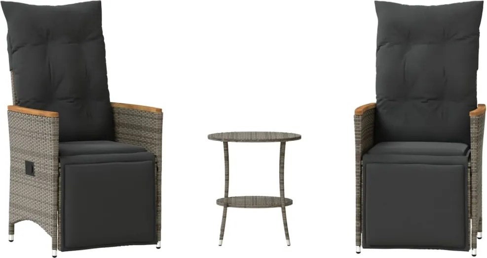 vidaXL Set bistro de grădină cu perne, 3 piese, gri, poliratan