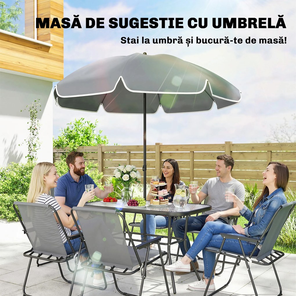 Outsunny Set de Masă de Grădină 8 Piese cu Umbrelă, Set Mobilier Grădină cu 6 Scaune Pliabile, Masă din Sticlă Temperată și Umbrelă pentru Terasă, Gri | Aosom Romania